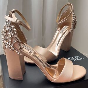 Badgley Mischka Ainsley Crystal Embellished Ankle Strap Sandal, Latte Satin, 9.5